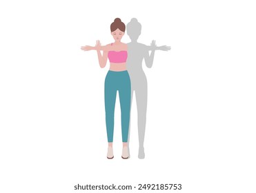 Woman doing cool down after exercises. for doing Shoulder Stretch which Building greater flexibility overall, Helping your body get back to its pre-exercise state. Illustration cartoon style.