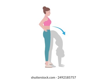 Woman doing cool down after exercises. for doing Standing Forward Bend which it is regarded a stress-relieving pose. Traditionally, it is said to help relieve insomnia. Illustration cartoon style.