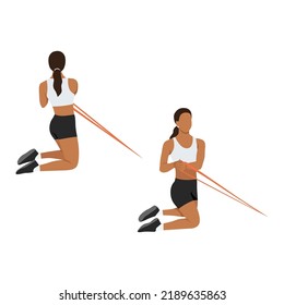 Woman doing core seatted ab twist with resistance band exercise. Flat vector illustration isolated on white background