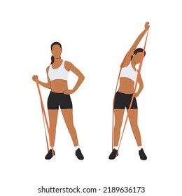 Woman doing core side bends with resistance band exercise. Flat vector illustration isolated on white background