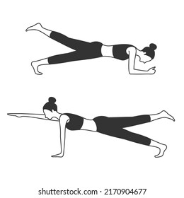 Woman doing core training. Two patterns. One Legged Plank and Bird Dog.