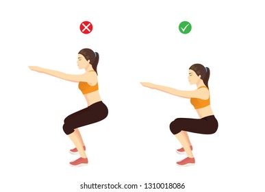 Woman doing correct air squat exercise position and wrong for compare. Illustration about workout guide. 