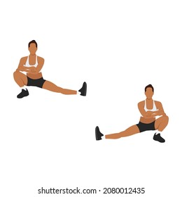 Woman doing Cossack squat exercise. Flat vector illustration isolated on white background