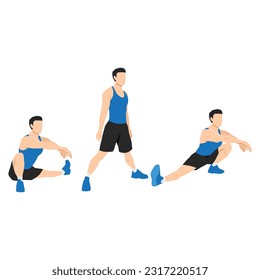 Woman doing Cossack squat exercise. Flat vector illustration isolated on white background