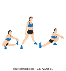 Woman doing Cossack squat exercise. Flat vector illustration isolated on white background