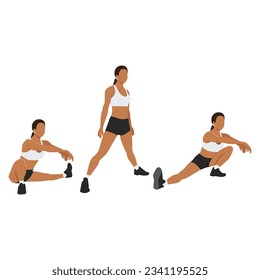 Woman doing Cossack squat exercise. Flat vector illustration isolated on white background