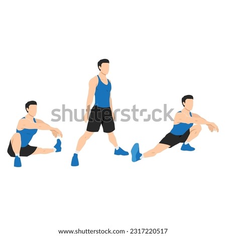 Woman doing Cossack squat exercise. Flat vector illustration isolated on white background