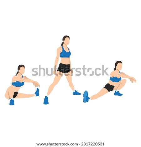 Woman doing Cossack squat exercise. Flat vector illustration isolated on white background