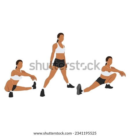 Woman doing Cossack squat exercise. Flat vector illustration isolated on white background