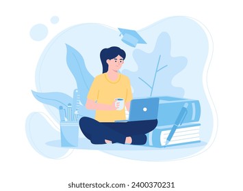 woman doing coursework with a cup trending concept flat illustration