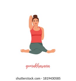 Woman doing Cow Face Pose or Gomukhasana asana in hatha yoga. Flat vector illustration isolated on white background