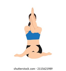 Woman doing cow face pose with eagle arms gomukhasana garudasana exercise. Flat vector illustration isolated on white background