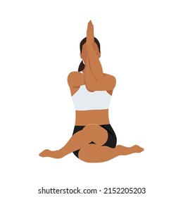 Woman doing cow face pose with eagle arms gomukhasana garudasana exercise. Flat vector illustration isolated on white background