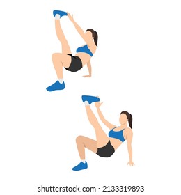 Woman doing Crab toe touches exercise. Flat vector illustration isolated on white background
