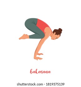 Woman doing crane pose - Bakasana Yoga pose. Woman workout fitness, aerobic and exercises. Flat vector illustration isolated on white background