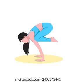 Woman doing Crow pose bakasana exercise. Flat vector illustration isolated on white background.