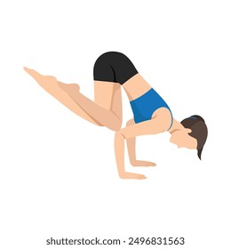 Woman doing Crow Pose With Eagle Legs or Bakasana Pada Garudasana. Flat vector illustration isolated on white background