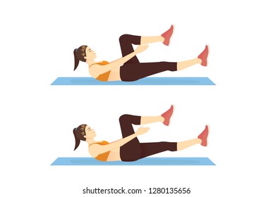 Woman doing Crunch Clap Exercise in 2 step for guide. Illustration about introduction workout posture.