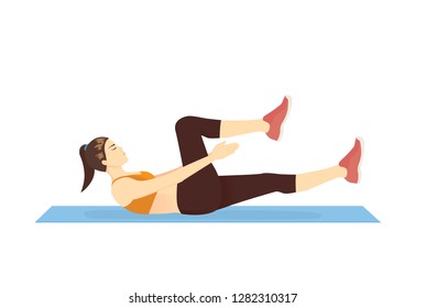 Woman doing Crunch Clap Exercise on blue mat. Illustration about introduction workout posture.