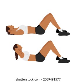 Woman doing crunches flat vector illustration isolated on white background