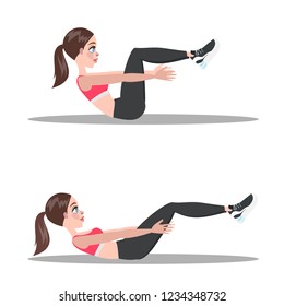 Woman doing crunches in the gym. Belly burn workout. Girl make exercise. ABS workout. Healthy and active lifestyle. Isolated vector illustration