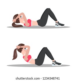 Woman doing crunches in the gym. Belly burn workout. Girl make exercise. ABS workout. Healthy and active lifestyle. Isolated vector illustration