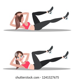 Woman doing crunches in the gym. Belly burn workout. Girl make exercise. ABS workout. Healthy and active lifestyle. Isolated vector illustration