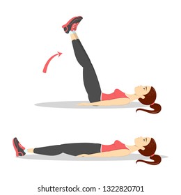 Woman doing crunches in the gym. Belly burn workout. Girl make exercise. ABS workout. Healthy and active lifestyle. Isolated vector illustration