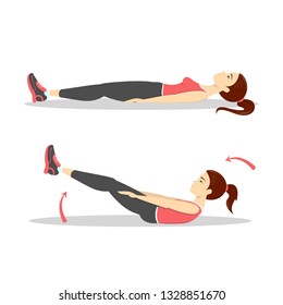 Woman doing crunches in the gym. Belly burn workout. Girl make exercise. ABS workout. Healthy and active lifestyle. Isolated vector illustration