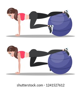 Woman doing crunches on fitness ball in the gym. Belly burn workout. Girl make exercise. ABS workout. Healthy and active lifestyle. Isolated vector illustration