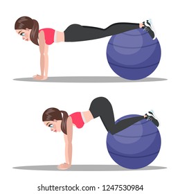 Woman doing crunches on fitness ball in the gym. Belly burn workout. Girl make exercise. ABS workout. Healthy and active lifestyle. Isolated vector illustration