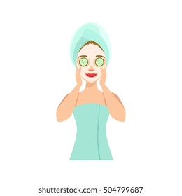 Woman Doing Cucumber Mask Home Spa Treatment Procedure