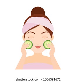 woman doing cucumber refreshing treatment for her face and body. vector illustration