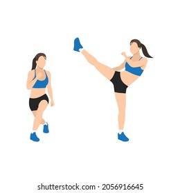 Woman doing Curtsy lunge side kick exercise. Flat vector illustration isolated on white background