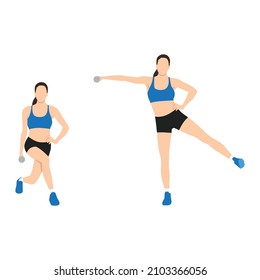 Mujer haciendo ejercicio de elevación lateral de la patada del lado del pulmón Curtsy. Ilustración vectorial plana aislada en fondo blanco