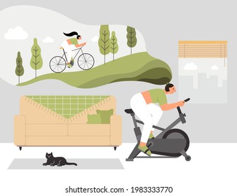 La mujer está haciendo ejercicio de ciclismo en casa y pensando que va cuesta arriba en un ciclo. Ilustración plana de entrenamiento cardiovascular, diseñada en tono blanco y verde.