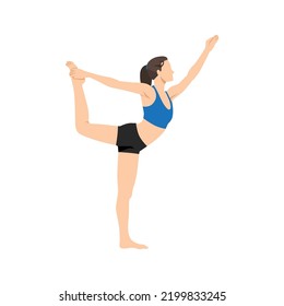 Mujer haciendo Dosis de bailarina, Pose de bailarina Rey, Posa de baile, Pose de bailarina. Practica Utthita Ardha Dhanurasana. Ilustración vectorial plana aislada en fondo blanco