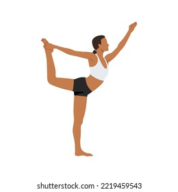 Woman doing Dancer Pose, King Dancer Pose, Lord of the Dance Pose, Dancer Pose. Practice Utthita Ardha Dhanurasana. Flat vector illustration isolated on white background