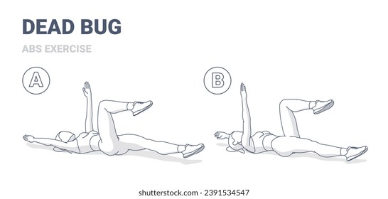 Woman Doing Dead Bug Exercise, Girl Home Workout Fitness, Aerobic Exercise Black and White OutlinedGuidance.