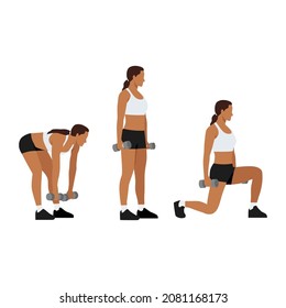 Woman doing Deadlift to lunge exercise. Flat vector illustration isolated on white background