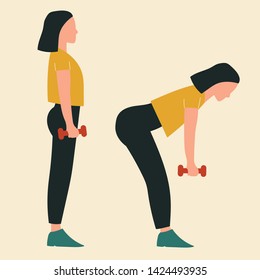 Woman doing deadlifts. Illustrations of glute exercises and workouts. Flat vector illustration.