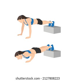 Woman doing decline push up exercise. Flat vector illustration isolated on white background