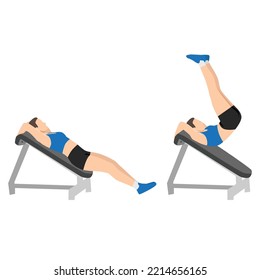 Woman doing Decline Reverse Crunch exercise. Flat vector illustration isolated on white background