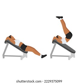 Woman doing Decline Reverse Crunch exercise. Flat vector illustration isolated on white background