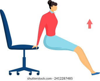 Woman doing a desk chair exercise, office workout for legs and buttocks. Office fitness routine for health vector illustration.