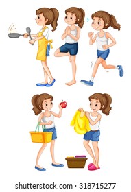 Woman doing different activities illustration