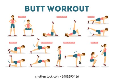 Woman doing different exercise for fit body and butt. Buttock workout set, side view. Healthy and active lifestyle. Fitness in the gym. Isolated vector illustration in cartoon style