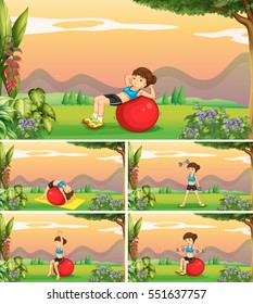Woman doing different positions of yoga illustration