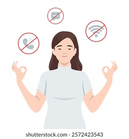 Woman doing Digital Detox and Mindful Relaxation. Flat vector illustration isolated on white background