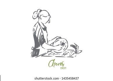 Woman doing dishes concept sketch. Isolated vector illustration